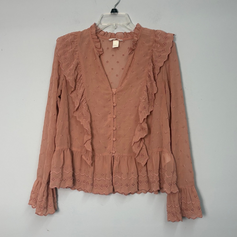 HM Womens Size 12 Dusty Rose Eyelet Swiss Dot Ruffle Peplum Blouse V-Neck Top